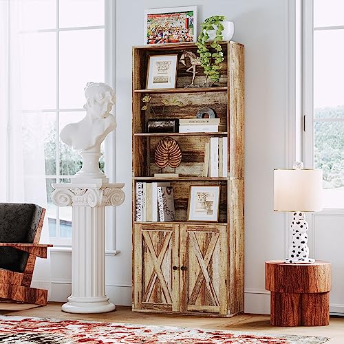 IRONCK Industrial Bookshelves and Bookcases with Doors Floor Standing 6 Shelf Display Storage Shelves 70 in Tall Bookcase for Home Office, Living Room - color: Industrial Brown