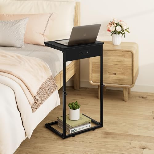 Vagusicc C Shaped End Table with Charging Station, Adjustable Height Side Table for Couch,Small Side Table Small Spaces, 33.2'' Tall Couch Tables that Slide Under, Tv Tray Table for Living Room, Black - color: Black (1 Pack), style: With Plug