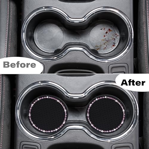 BFXM 2 PCS Bling Cup Holder Coasters for Car, Car Accessories for Women 2.75 inch Diamond Universal Non-Slip Silicone Cup Holder Coasters, Sparkly Bling (Pink Diamond) - color: Black+bling Pink