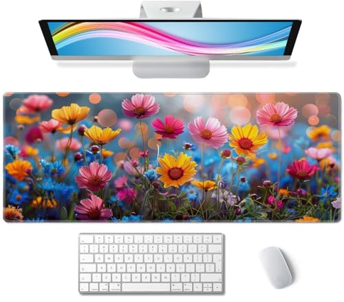 Floral Desk Mat Pink Yellow Blue Aesthetic Desk Pad Flower Plant Extended Mouse Pad Large Gaming Mousepad XL Laptop Computer Mouse Keyboard Mat 31.5 x 11.8 in for Office Desk Decor - color: Floral Pink Yellow Blue