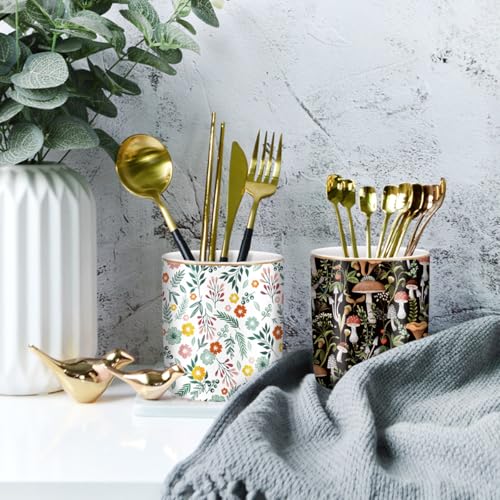 Pen Pencil Holder for Desk, Ceramic Pen Cup Cute Makeup Brush Holder, Unique Desk Multifunctional Pens Organizer for Home, Office, Mushrooms Pattern - color: Mushrooms Pattern