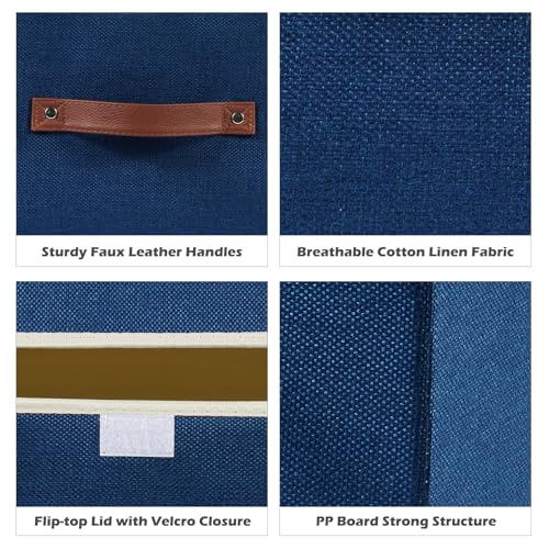 Storage Boxes with Lid Cotton Linen Fabric Storage Bins Organizer Container Decorative Collapsible Washable Shelf Baskets Faux Leather Handles for Home Bedroom Closet (Deep Blue, Small) - color: Deep Blue, size: Small (Set of 1)
