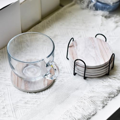 6Pcs Drink Coasters with Holder, Marble Style Ceramic Drink Coaster, Absorbent Coasters Set Suitable for Kinds of Cups, Modern Style Coaster for Coffee Table, 4 Inches - color: Marble Style