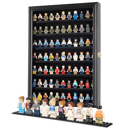 Minifigure Display Case - Building Block Toy Wall Cabinet Showcase for Small Miniature Collectibles Mini Brands Thimbles, Lockable UV Protection Door (Black Finish Frame) - size: Large - Black