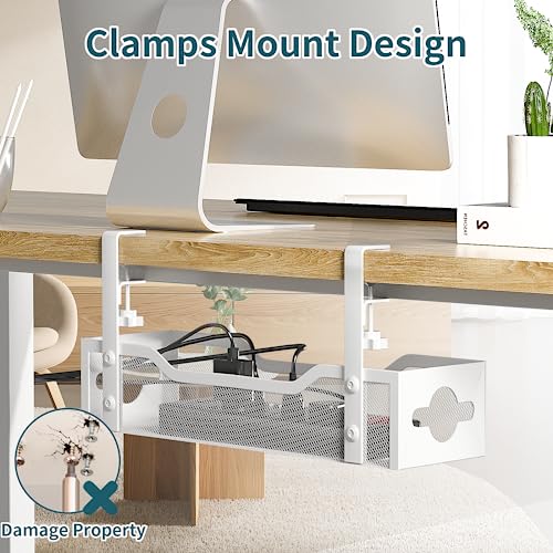 Under Desk Cable Management Tray No Drill, 13.38'' Metal Tray with Clamp for Wire Management, Litwaro Cord Organizer Home Office Damage to Standing Desk, White - color: White, size: 13.38"