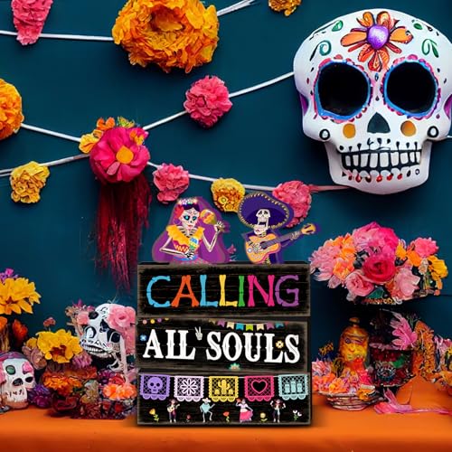 Britimes 4 Pcs Day of the Dead Skull Table Decor Halloween Tiered Tray Decorations Set Skull with Guitar and Maracas Block Signs Gift Rustic Farmhouse Tabletop Decor for Table & Home Office - style: Day of the Dead Duo