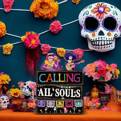 Britimes 4 Pcs Day of the Dead Skull Table Decor Halloween Tiered Tray Decorations Set Skull with Guitar and Maracas Block Signs Gift Rustic Farmhouse Tabletop Decor for Table & Home Office - style: Day of the Dead Duo
