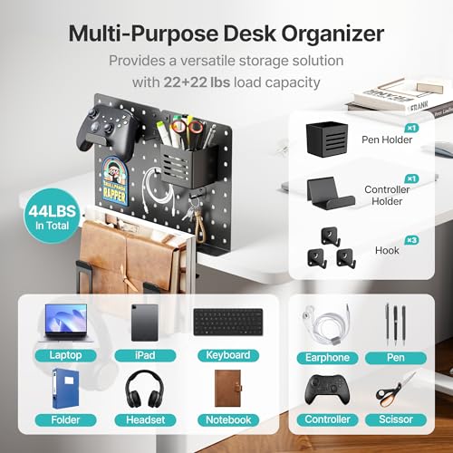 PEGZONE Clamp on Desk Pegboard Shelf, with 2-Slot Under Desk Laptop Holder | with Headphone Holder and Pegboard Accessories, Desk Side Storage for Office Gaming, Desk Organizer, Black