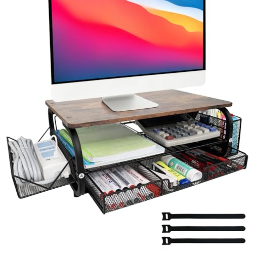 Desk Organizers and Accessories Monitor Riser, Monitor Stand with Drawer (2-Tier Drawers) with Large Side Storage Rack & Cable Management,66LBS/30KG, Office Organization, Walnut Brown - color: Walnut Brown