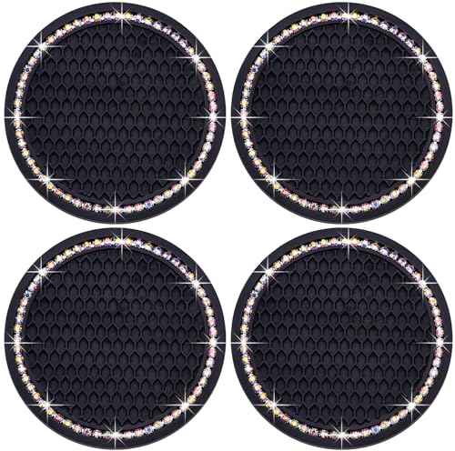 4PCS Bling Cup Holder Coaster, 2.75 Inch Auto Car Cup Holder Insert Coasters, Soft Silicone Anti-Slip Shockproof, Universal Vehicle Interior Accessories for Women Girls (Black & Colorful) - color: Black & Colorful, size: 4 pcs