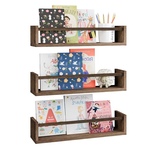Fixwal Nursery Book Shelves, 16.5 Inch Floating Bookshelves for Wall Set of 3, Baby Nursery Decor, Solid Wood Wall Mounted Shelves for Books, Toys and Decor Storage (Brown) - color: Brown, size: 16.5inches