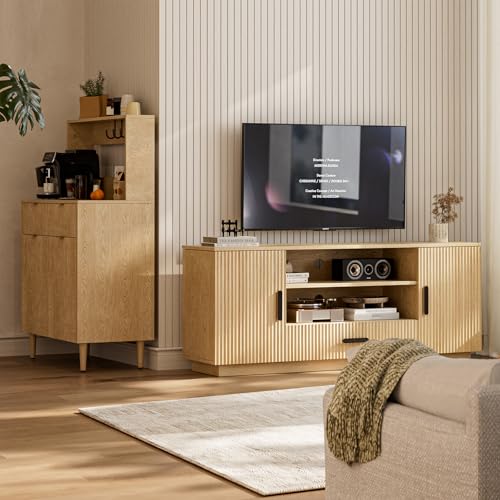 LCRBOL TV Stand for up to 70" TV, Mid-Century Entertainment Center, Natural | 63"W x 15.4"D x 25"H, 2 fluted cabinets, 1 drawer & open shelves, top holds 200 lbs, cable management, ~90 min assembly - color: Beige