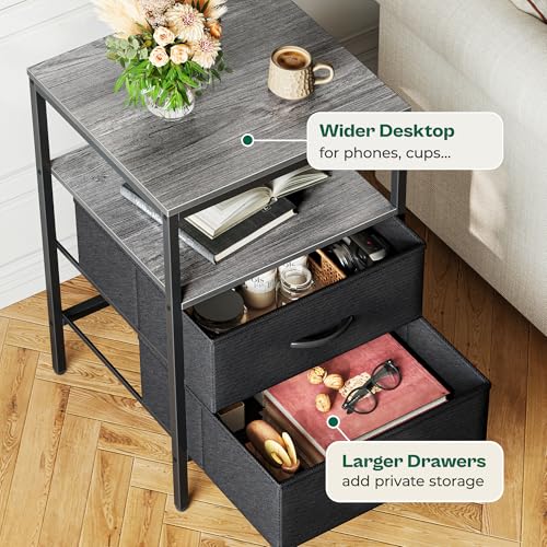 Huuger Night Stand with Charger Station, 27.7 Inch Tall Nightstand, Bed Side Table with 2 Fabric Drawers, Fabric Drawer Dresser for Bedroom, Living Room, Grey - color: Charcoal Gray and Black, size: 11.8"d X 17.7"w X 27.7"h (2 Drawers)