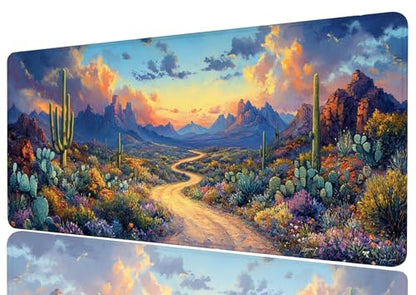 Cactus Desert Mouse Pad Large Sunset Mountain Wildflower Road Illustration Mousepad XL Large Gaming Mouse Pad Laptop Keyboard Mat Desk Pad 31.5x11.8 Inch - color: Cactus Desert