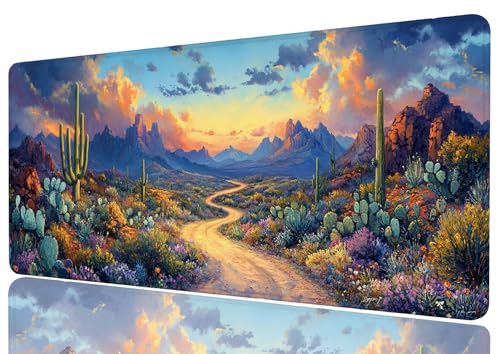 Cactus Desert Mouse Pad Large Sunset Mountain Wildflower Road Illustration Mousepad XL Large Gaming Mouse Pad Laptop Keyboard Mat Desk Pad 31.5x11.8 Inch - color: Cactus Desert