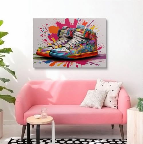 Framed Banksy Graffiti Sneaker Canvas Wall Art Colorful Shoes Decorations Pop Art Wall Decor For Kids Playroom Bedroom Living Room Artworks Ready To Hang - color: sneaker02, size: 16"L x 12"W