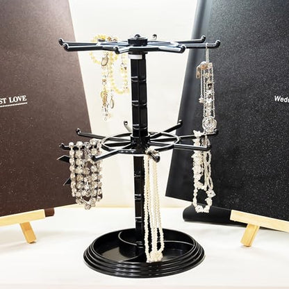 2 Tier Rotating Jewelry Display Stand, Necklace Holder, Jewelry Tree Stand, DIY Organizer for Bracelets, Necklaces, Earrings, Rings, Watches (Black) - color: Black
