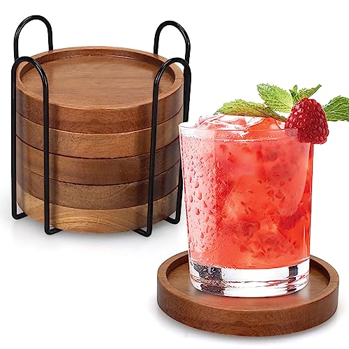 6 Pcs Best Wooden Coasters with Holder Coffee Table Decor Acacia Wood Coaster Set Modern Cup Coaster for Drink Home Dining Table Kitchen Accessories Cute Beer Bar Decorative Rustic Outdoor Coasters - style: 6 Pcs round