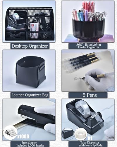 LXEVIHK 20Pcs Black Desk Organizers and Accessories With Mesh Desk Organizer and 360°Rotating Pen Holder and a Lot of Office Black Office Supplies Beautifully Presented in a Gift Box - color: black