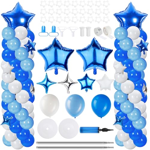 Gejoy 110 Pcs Blue White Balloons Column Stand Kit Adjustable Tower Stand from 1.4 to 6.6 ft with Bases for Back to School Wedding Birthday Baby Shower Party - color: Blue White
