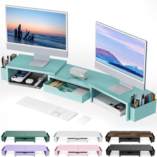 gianotter Dual Monitor Stand Riser, Desk Organizer With Drawer and 2 Pen Holders, Monitor Stand for Desk, Office Decor Essentials (Blue) - color: Blue