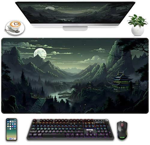 XXL Large Gaming Mouse Pad Anime Green Moon Mountains Desk Mat, Desk Decor Mousepad Computer Mat, Non-Slip Rubber Base Desk Pad, Laptop Keyboard and Mouse Mat with Stitched Edges, 31.5x15.75 in - color: Green Moon Mountains
