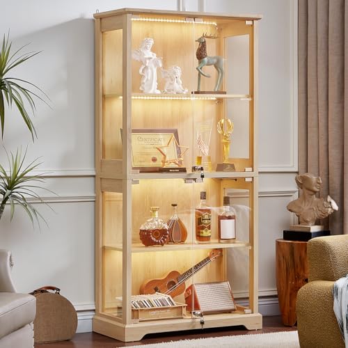 LELELINKY Farmhouse Glass Display Cabinet with Doors, Wooden Curio Cabinet for Collectibles with 3-Color LED Motion-Sensor Light & Reinforced Base, Natural - color: Natural, size: Single