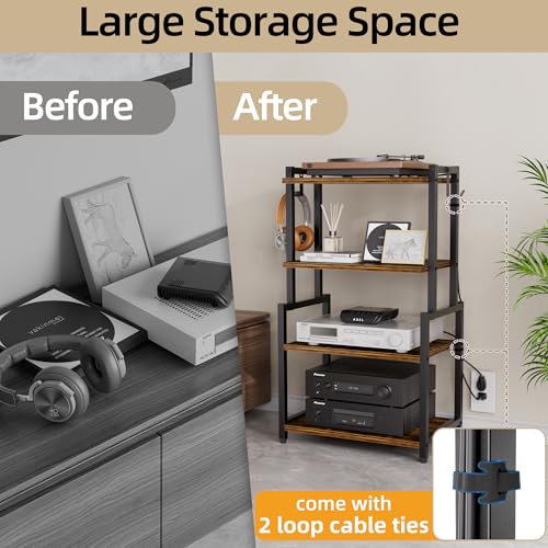 HYPIGO 4-Tier AV Media Corner Shelf, Game Console Stand with 2 Hooks, Stereo Audio Component Rack, Small Entertainment Center for Video Game and Vinyl Record Storage, Rustic Brown