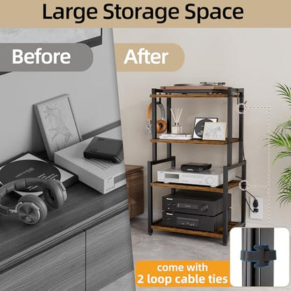 HYPIGO 4-Tier AV Media Corner Shelf, Game Console Stand with 2 Hooks, Stereo Audio Component Rack, Small Entertainment Center for Video Game and Vinyl Record Storage, Rustic Brown