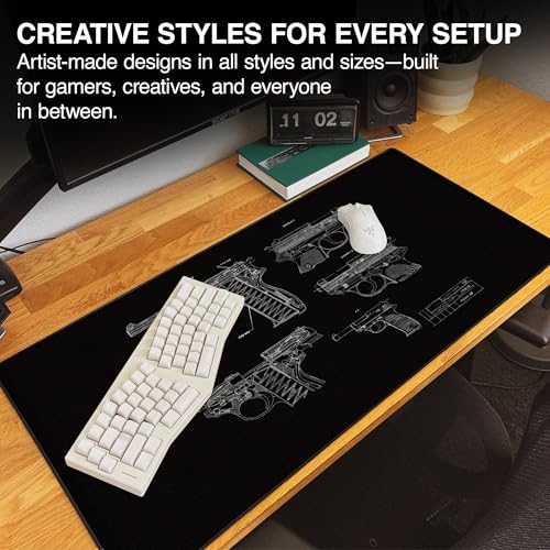 MPCO. Blueprints Large Gaming Desk Pad - 36" x 17" Aeroglyde Fabric Pistol 38 – Black Desk Mats - Non-Slip, Washable, Smooth Glide for Precision Gaming & Work - color: Aeroglyde Pistol 38 – Black