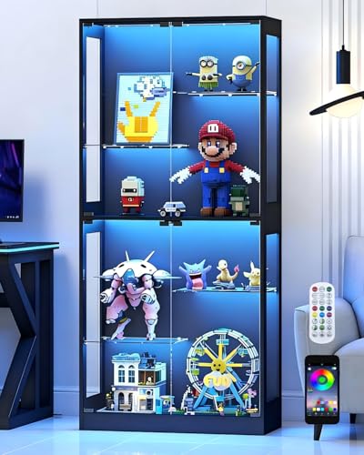 Lamtor Glass Display Cabinet with RGB LED Light & Adjustable Shelf | Black | 69" Curio Cabinet, Pop-Up Glass Doors, Adjustable Shelves, Anti-Tip Design - color: Black