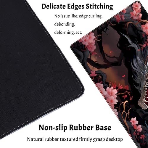 Cute Sakura Dragon Gaming Mouse Pad Kawaii XXL Large Extended Anime Desk Mat, Non-Slip Rubber Base Mousepad, Office Decor Desk Pad, Cool Keyboard and Mouse Mat with Stitched Edges, 31.5x15.75 in - color: Red Sakura Dragon