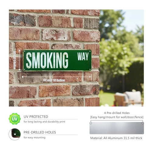 SMOKING WAY Street Sign, Outdoor Metal Decor for Patio & Cigar Lounge, 4x15 Inch Rustproof Aluminum Wall Art for Man Cave Bar - Smoker Gifts for Men - color: Smoking