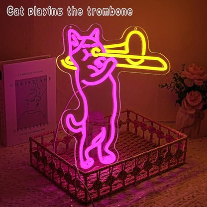 Cat Playing Trombone Neon Sign for Wall Decor Dimmable Cat Neon Lights Music LED Sign USB Powered Live Music Neon Signs for Pet Shop Music Room Bedroom Concert Dj Studio Bar - style: cat playing trombone