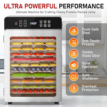Food Dehydrator, 12 Stainless Steel Trays, 800W Electric Dehydrator Machine with Digital Timer & 194℉ Temp Control, 4 Presets, 10.9ft² Dehydrator for Food and Jerky, Fruit, Herbs, Dog Treats