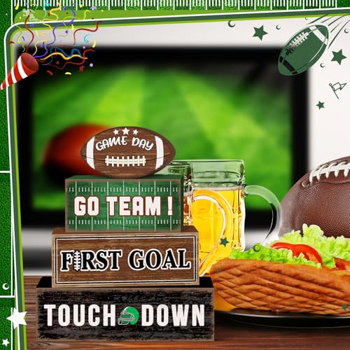 Britimes 4 Pcs Game Day Football Tiered Tray Decorations Set Touchdown Stack Block Signs Go Team First Goal Rustic Tabletop Decor for Table & Home Office (Game Day)