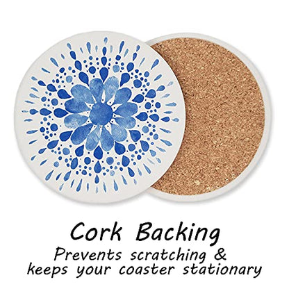 AD Set of 6 Coasters for Drinks Absorbing Round Ceramic Stone Coaster with Cork Base,Tabletop Protection Mat for Mugs and Cups,Office,Kitchen (Indigo Blue 2 with Holder) - style: Indigo Blue 2 with Holder