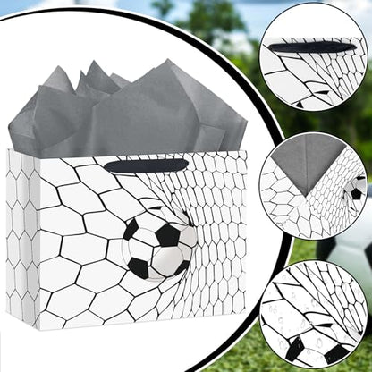 Hooqict Large Soccer Gift Bag Soccer Birthday Gift Bag with Handles, Wrapping Paper, Greeting Card for Kids Boys Teens Men Sports Themed Birthday Goodie Treat Party Favors - color: Soccer