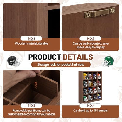 Colingmill 1 Pack Mini Helmet Display Case Pocket Size Football Helmets Wooden Stand Display Cabinet Wall Racks, 11.54"x10.35"x2.4", 4x4 Grid, Black, No Door No Cover(Walnut) - color: Walnut