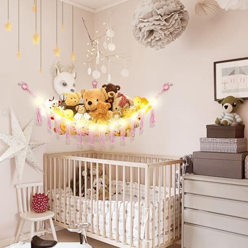CERETIA Stuffed Animal Hammock with LED Light, Large Stuffed Animals Storage Corner Plushie Net for Kids Room Decor, 2 Packs Pink - color: Pink, size: Large-(Package of 2)