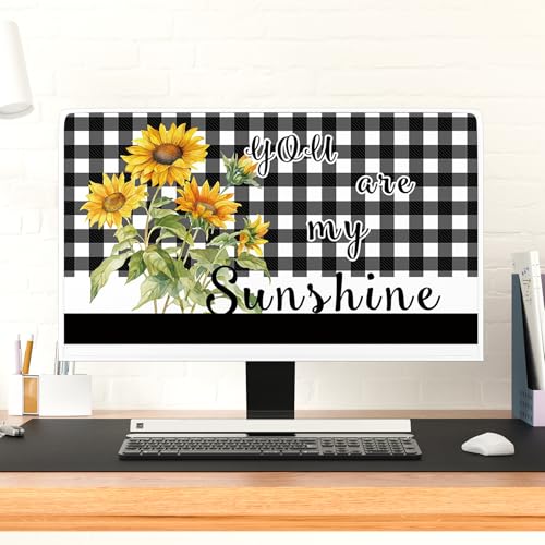 You are My Sunshine Monitor Dust Covers 22, 23, 24, 25 Inch Black and White Buffalo Plaid Sunflowers Water Proof Computer Covers for Desktop PC Protector Rustic Design Computer Decorations
