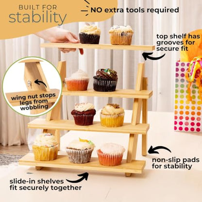 4-Tier Wood Cupcake Stand, Durable & Easy to Assemble Cupcake Holder, Collapsible Display Risers w/ Non-Slip Pads, Rustic Dessert Display Stands for Baby Shower Decorations, Vendor Fairs & More