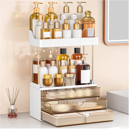 caktraie Bathroom Organizers and Storage - 3 Drawers 2 Tier Makeup Organizer, Cosmetic Storage Drawer for Dresser Countertop and Bathroom Vanity for Large Skincare, Perfume, Amber - color: Amber, size: 1 PACK