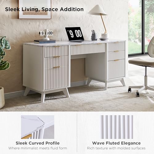 T4TREAM 60'' Fluted Executive Desk with Drawers, Modern Home Office Computer Desk with Charging Station, Keyboard Tray, File Drawer and Storage Cabinet for Study, Living Room, Bedroom, Solid White - color: Solid White