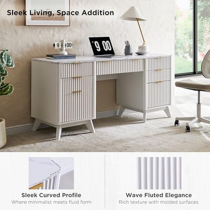 T4TREAM 60'' Fluted Executive Desk with Drawers, Modern Home Office Computer Desk with Charging Station, Keyboard Tray, File Drawer and Storage Cabinet for Study, Living Room, Bedroom, Solid White - color: Solid White
