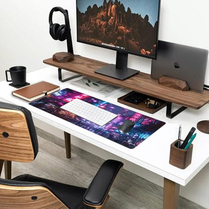 Desk Mat,Cyberpunk Neon City Large Gaming Mouse Pad for Desk XL,Futuristic Night Street Desk Pad,Extended Big Computer Keyboard Mouse Pad with Non-Slip Base and Stitched Edge 31.5"x11.8" - color: Cyberpunk Neon City, size: XL-31.5"x11.8"