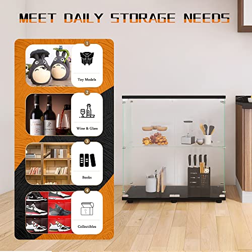 Beauty4U Glass Display Cabinet with 2 Shelves, 2 Doors Curio Cabinets for Living Room, Bedroom, Office, Black Floor Standing Glass Bookshelf, Quick Installation - color: Black, size: 2-Door 2-Shelf