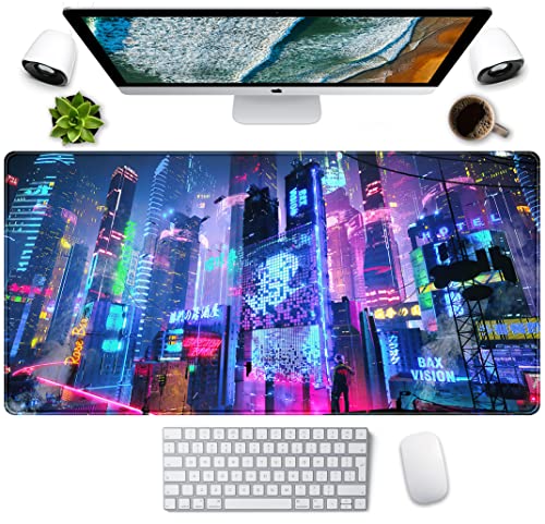 Japanese Street Desk Mat Futuristic Neon City Print Mouse Pad, Exclusive Desk Mats, XXL Large Gaming Mousepad 31.5"x15.75", Office Decor for Women Girls Keyboard Mat Laptop Computer Mat - color: Neon Color Japanese Street