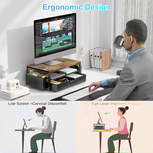 gianotter Desk Organizers and Accessories, Monitor Stand with Drawer and 2 Pen Holder, Desktop Organizer Suitable for Offices and Dormitories (Wood-Plain) - color: Wood-Plain