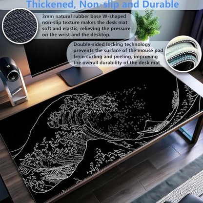 Great Wave Desk Mat, Black White Line Art Large Gaming Mouse Pad | Minimalist black and white wave desk pad with 3mm dense cushion, smooth cloth top, and non-slip rubber foundation. - color: Ukiyo-e of the Waves